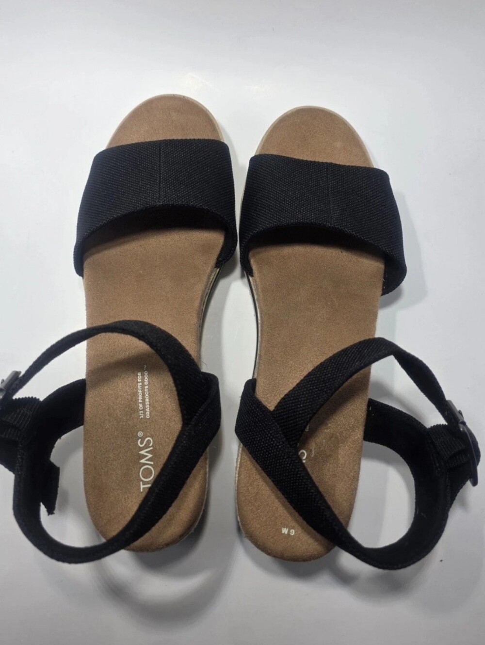 TOMS Women’s Size 9W Black Espadrille  Sandals Canvas Strap Wedge Comfort Shoe